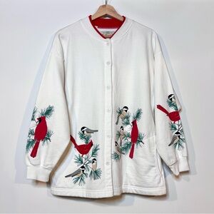 90s Vintage ORVIS Cardinal & Chickadee Button-Up Cardigan - White & Red